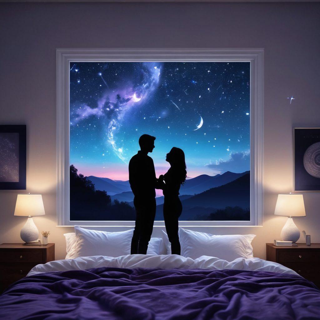 A romantic night sky filled with twinkling stars, featuring a silhouette of a couple gazing up in awe. In the foreground, intricate Cancer zodiac symbols interwoven with constellations, symbolizing compatibility and love. Soft, glowing lights accentuate a dreamy atmosphere with a hint of astrological elements, such as a crescent moon. The overall color palette should be deep blues and purples, reflecting the nighttime theme. super-realistic. vibrant colors. dreamy atmosphere.