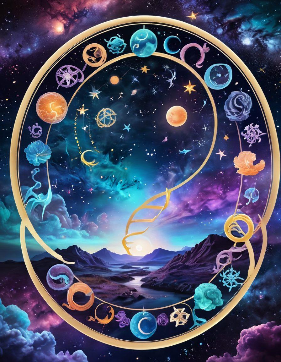 A mystical cosmic landscape featuring zodiac symbols intertwining with delicate DNA strands, representing the connection between astrology and cancer awareness. Ethereal light emanates from the symbols and strands, illuminating the scene to convey hope and insight. The background should be a deep, swirling galaxy with vibrant colors and soft glows. Add subtle illustrations of cancer-related themes, like ribbons or cells, cleverly integrated into the design. surrealism. vibrant colors. cosmic theme.