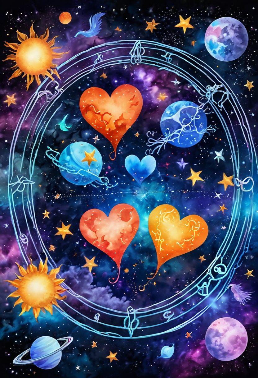 A cosmic scene featuring zodiac symbols intertwined with heart shapes, representing connections and relationships. The background should be a starry night sky with planets aligning in harmony. Include ethereal wisps of light to symbolize energies between different zodiac signs. Use vibrant colors to emphasize the warmth of heartfelt connections. super-realistic. vibrant colors. celestial theme.